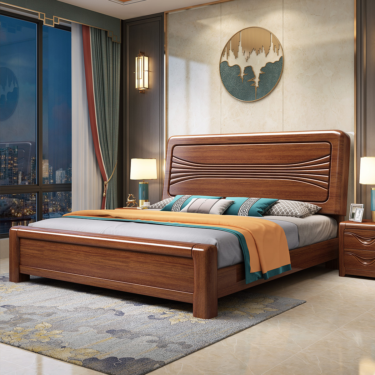 月影梳桐胡桃木实木床1.8米床婚床现代中式床简约1.5米主卧实木高箱床