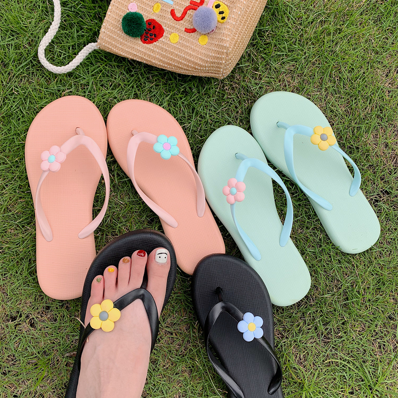 人字拖女夏外穿小清新可爱卡通花朵平底夹趾防滑沙滩拖鞋