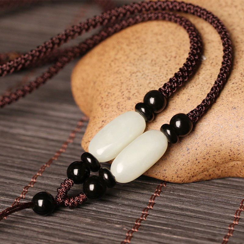 高档和田玉项链玉石吊坠手工编织挂件绳子和田玉黑绳款