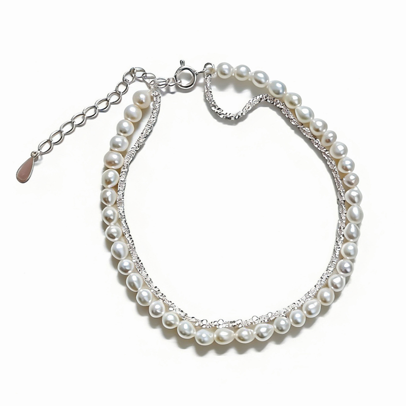 北京黄金 925 银天然淡水珍珠电银闪花双层手链 轻奢气质百搭银饰手饰高清大图