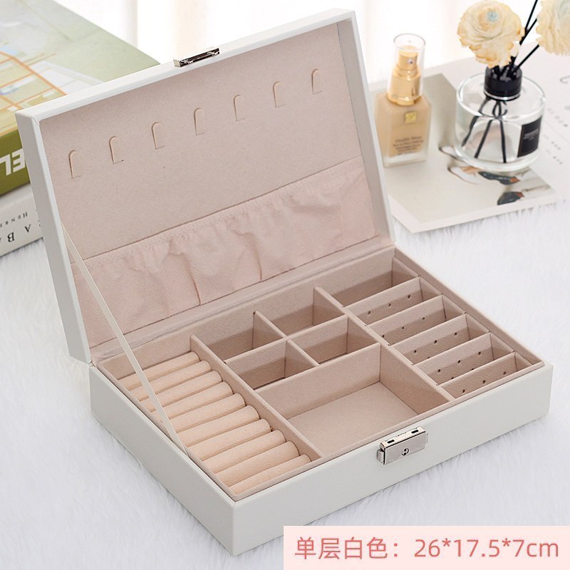 带锁耳钉耳环项链木质首饰盒耳饰盒手饰品收纳盒整理盒简约大容量_2 单层白色【大尺寸】