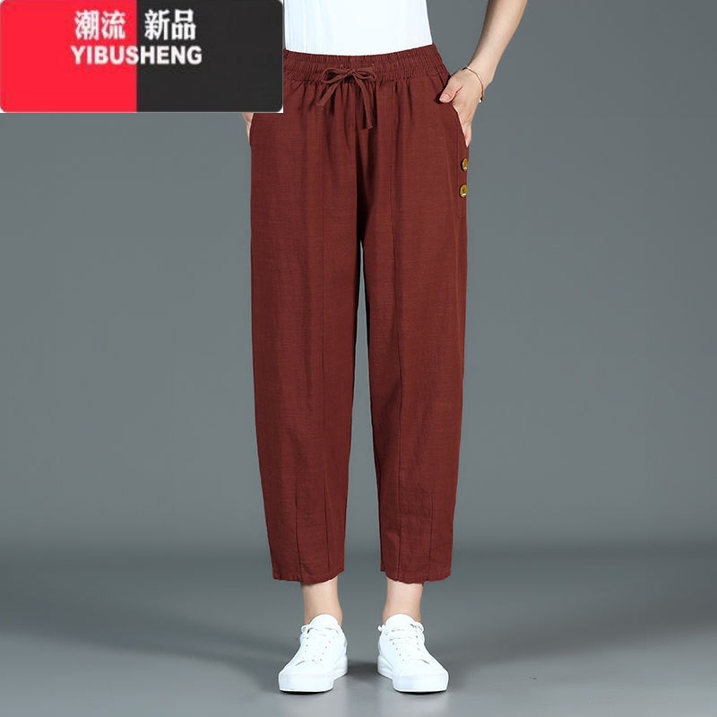 YIBUSHENG中老年妈妈棉麻九分裤季亚麻女裤宽松大码松紧腰休闲裤哈伦裤女高清大图