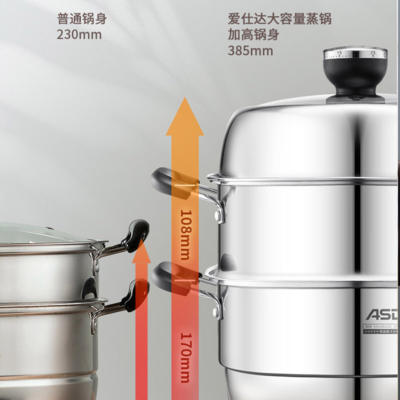 爱仕达 蒸锅 不串味定时三层蒸锅304不锈钢复底蒸锅明火通用 ZS30D1Q