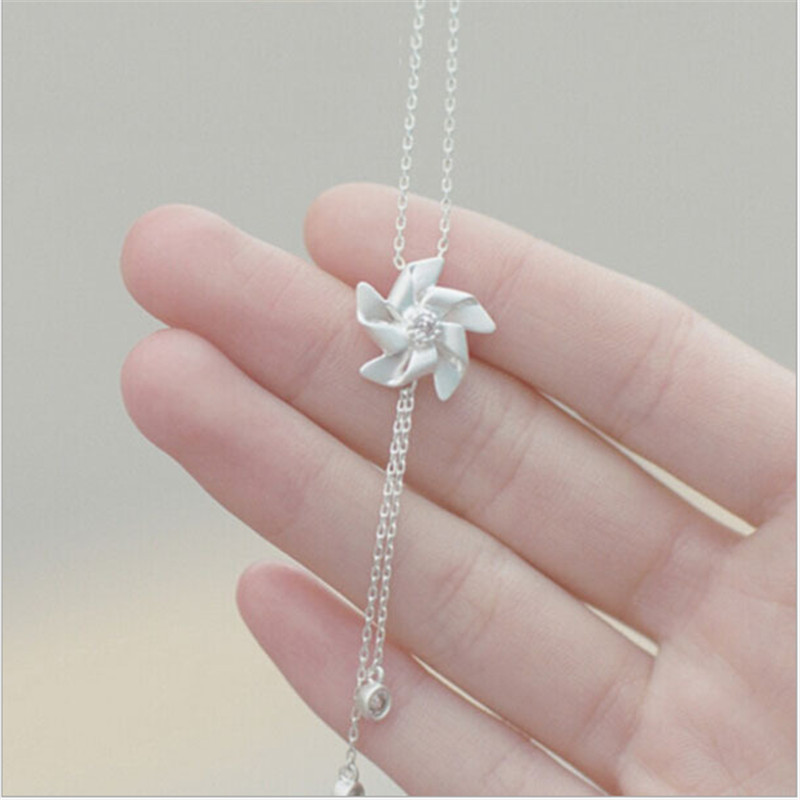 S925银 时尚 风车栀子花开坠 素银 锁骨项链送女朋友七夕情人节礼物