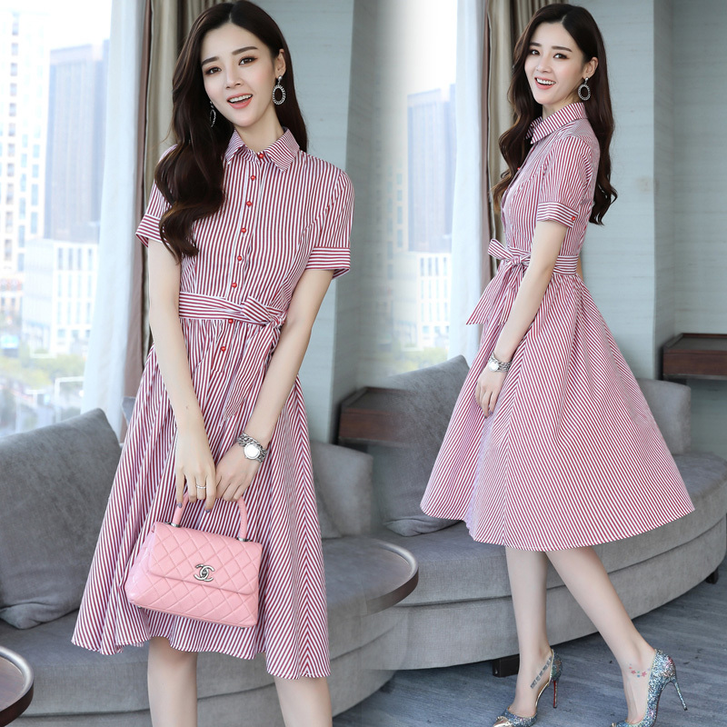 条纹连衣裙女夏女士新品韩版显瘦主义气质收腰显瘦中长款衬衫裙子