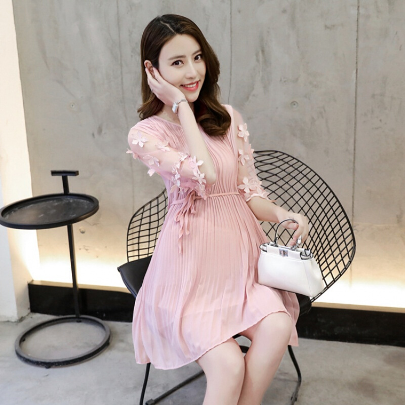2018夏季大码女装时尚孕妇装甜美气质雪纺中长款百褶连衣裙子fjq