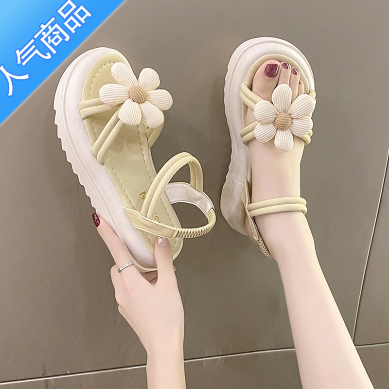 SUNTEK凉鞋女2023新款夏外穿花朵厚底凉拖网红仙女风配裙子两穿软底拖鞋高清大图