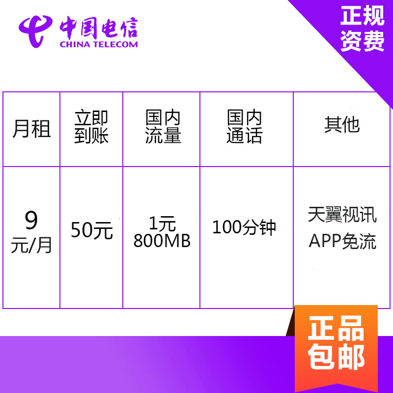 湖北电信翼讯卡 1元800MB国内流量+100分钟通话 4G电话卡手机卡流量卡