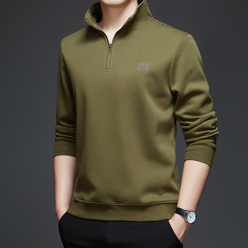 啄木鸟半拉炼纯棉休闲上衣男秋冬季新款宽松长袖上衣中年内搭打底衫衣高清大图