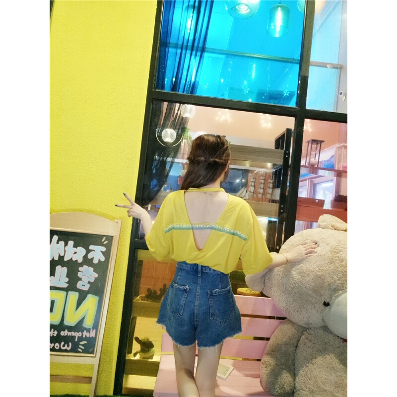 2018夏装露背小心机百搭短袖T恤上衣+时尚牛仔短裤阔腿裤套装女