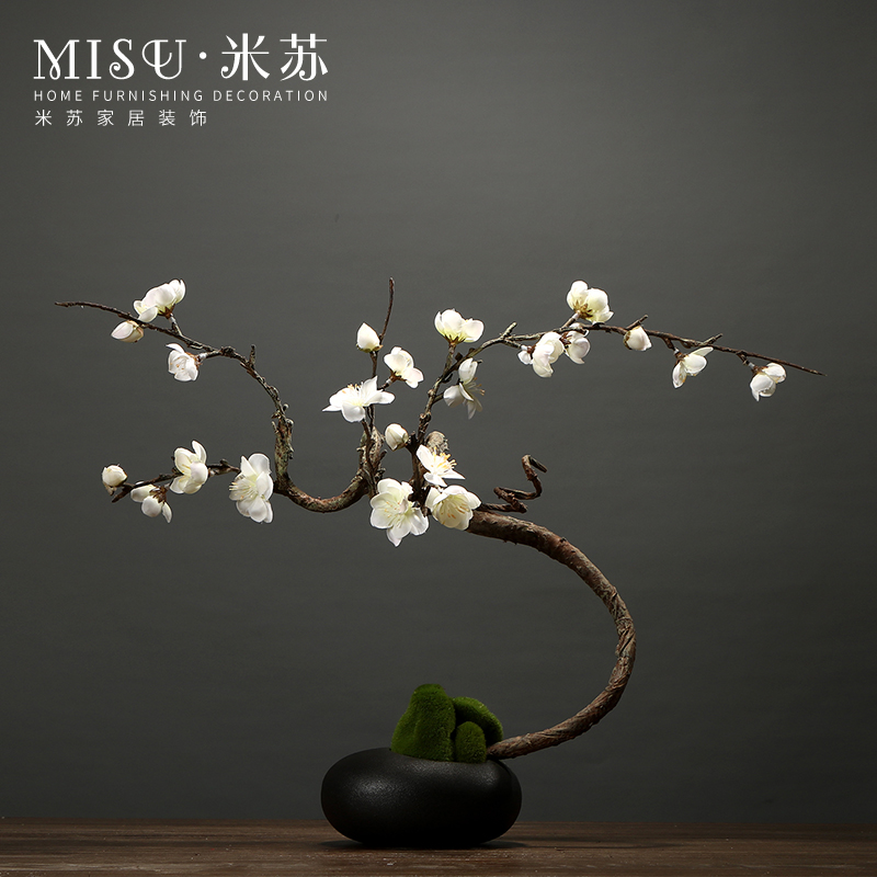 中式简约陶瓷花瓶摆件客厅餐桌插花家居软装饰品禅意仿真梅花套装 三维工匠 白色弯曲款花瓶套装高清大图