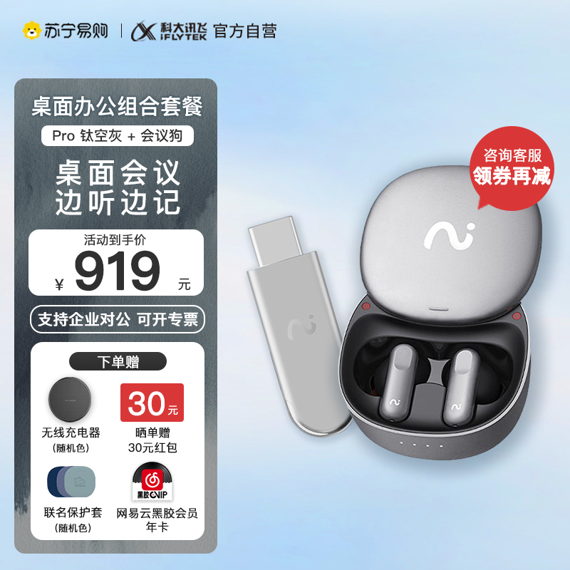 科大讯飞(iFLYTEK)录音降噪会议耳机iFLYBUDS Pro 无线蓝牙耳机 主动降噪入耳式 录音转文字苹果华为通用