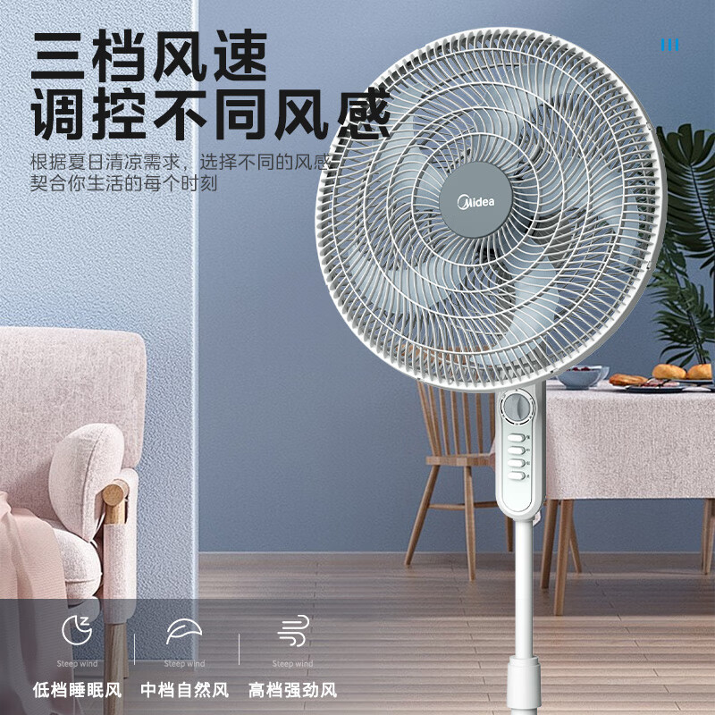 美的(Midea)FS45-23D 电风扇 立式摇头 轻音落地扇 工业20吋 按键机械款 白色 1.4米高