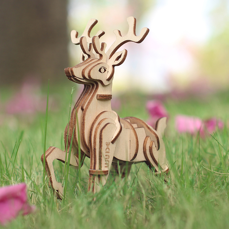 wude梅花鹿动物木制立体3d拼图木质diy积木玩具儿童手工拼装模型组装