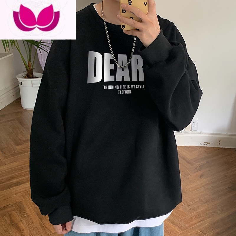 七斓美式圆领卫衣男春ins潮牌外套oversize无帽大码加绒上衣服 M 黑色