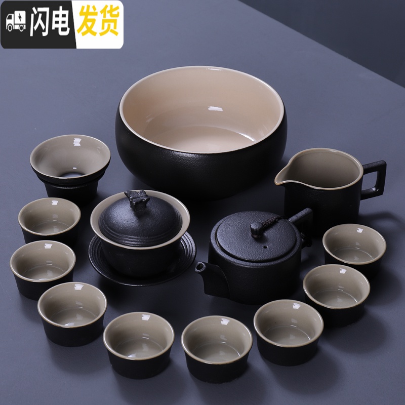 三维工匠黑陶功夫茶具套装粗陶日式家用办公茶具黑禅风盖碗茶壶茶杯海 11头螺纹壶套装 9件高清大图