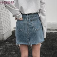 2018韩版大码200斤胖mm高腰包臀半身裙牛仔短裙港味a字裙女夏浅蓝色1002短裙S码[90-100斤]