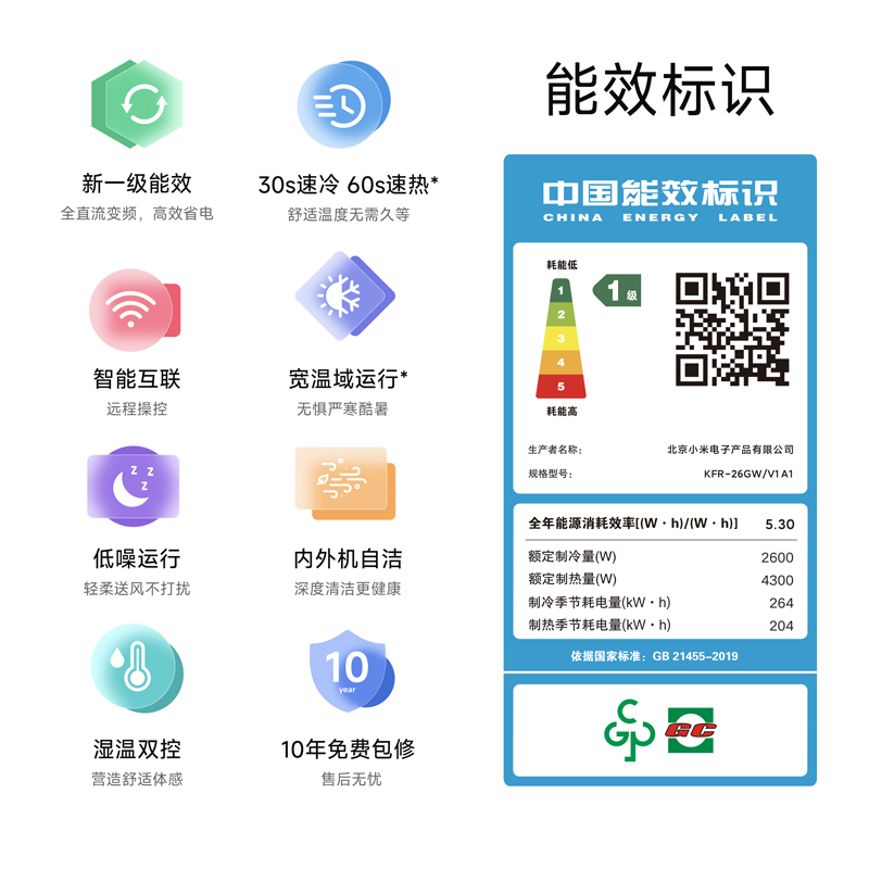 米家小米空调KFR-26GW/V1A1 大1匹 挂机 巨省电 新一级能效 变频冷暖 卧室 智能空调 节能省电 挂机高清大图