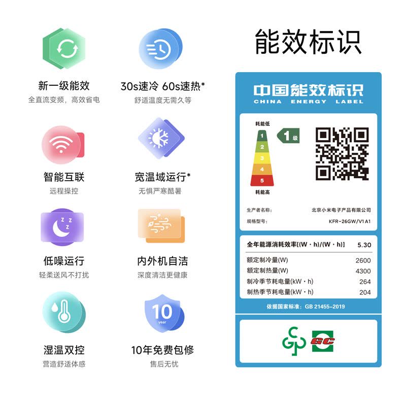 米家小米空调大1匹挂机巨省电新一级能效变频冷暖卧室智能空调节能省电挂机26V1A1图片