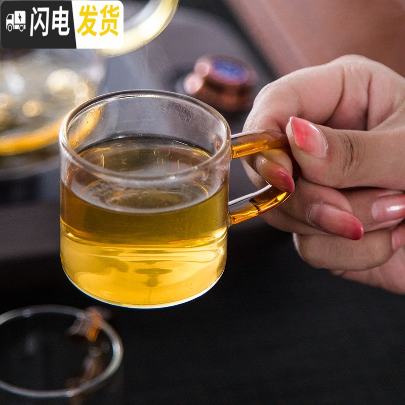 三维工匠耐热玻璃泡茶壶煮茶器过滤冲茶器整套功夫茶具家用玻璃茶把杯套装 绿色亮彩壶10件套