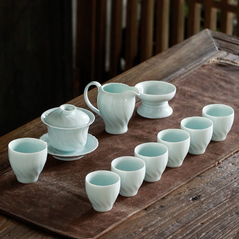 苏氏陶瓷 SUSHI CERAMICS 茶具套装螺旋盖碗款精美礼盒陶瓷功夫茶具(影青)