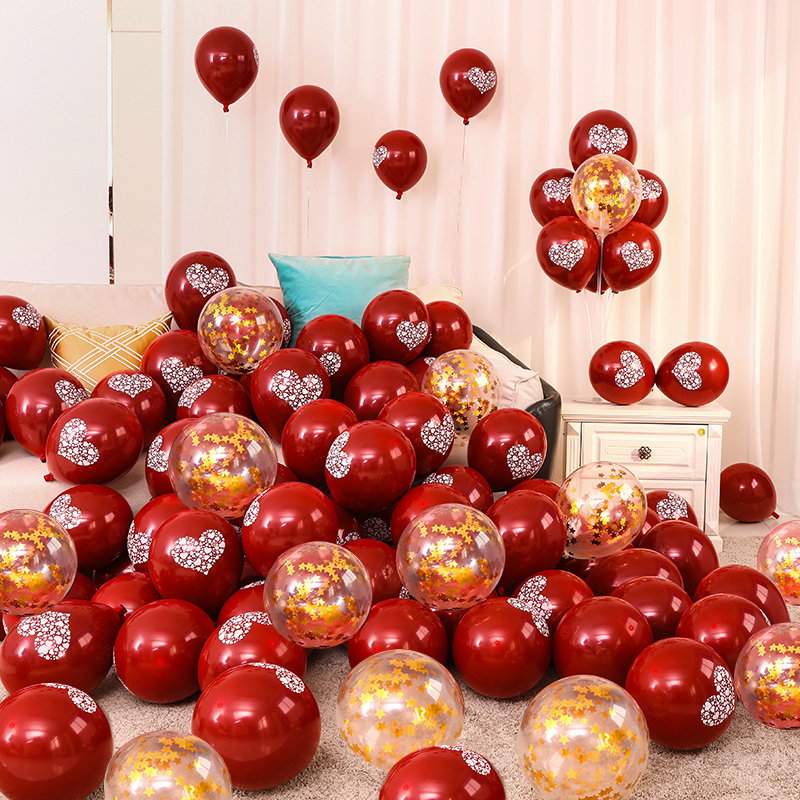 宝石红爱心印花50个]diy网红款送气筒 结婚套装婚礼喜字红色气球装饰