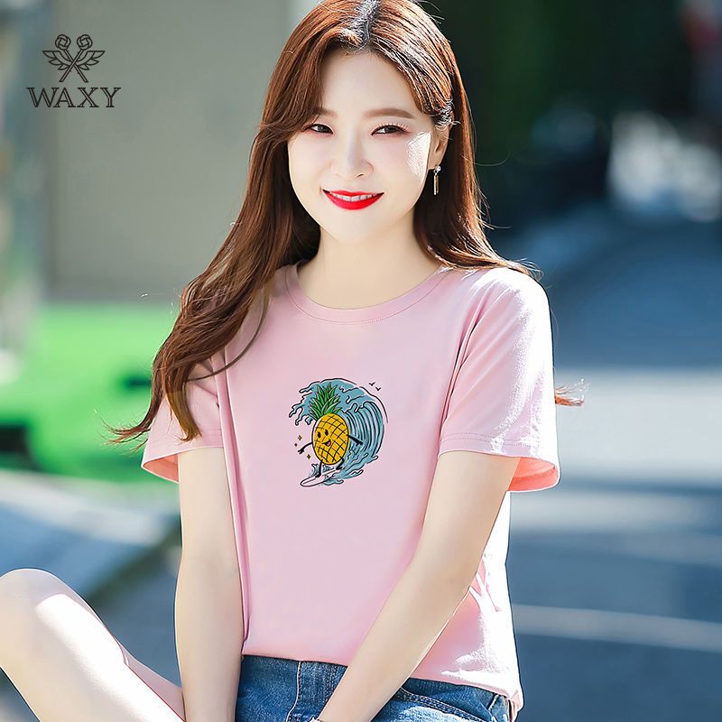 WAXY夏季纯棉白色运动T恤女韩版宽松圆领短袖上衣2022夏季新款