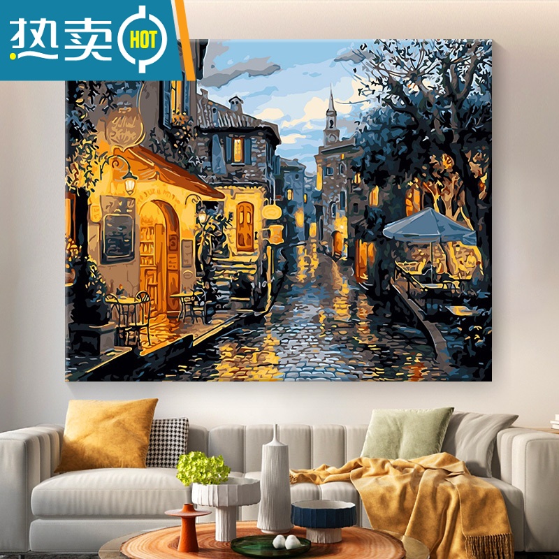 敬平数字油画diy油彩画客厅风景填色手工绘填色装饰画夜色电车装饰画 雨后小巷 80*100cm自己组合内框大份高亮环保颜料+6支画笔+亚麻
