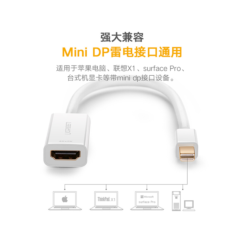 绿联10461 Mini DP转HDMI转换器 迷你DP转接线 雷电接口接电视 黑
