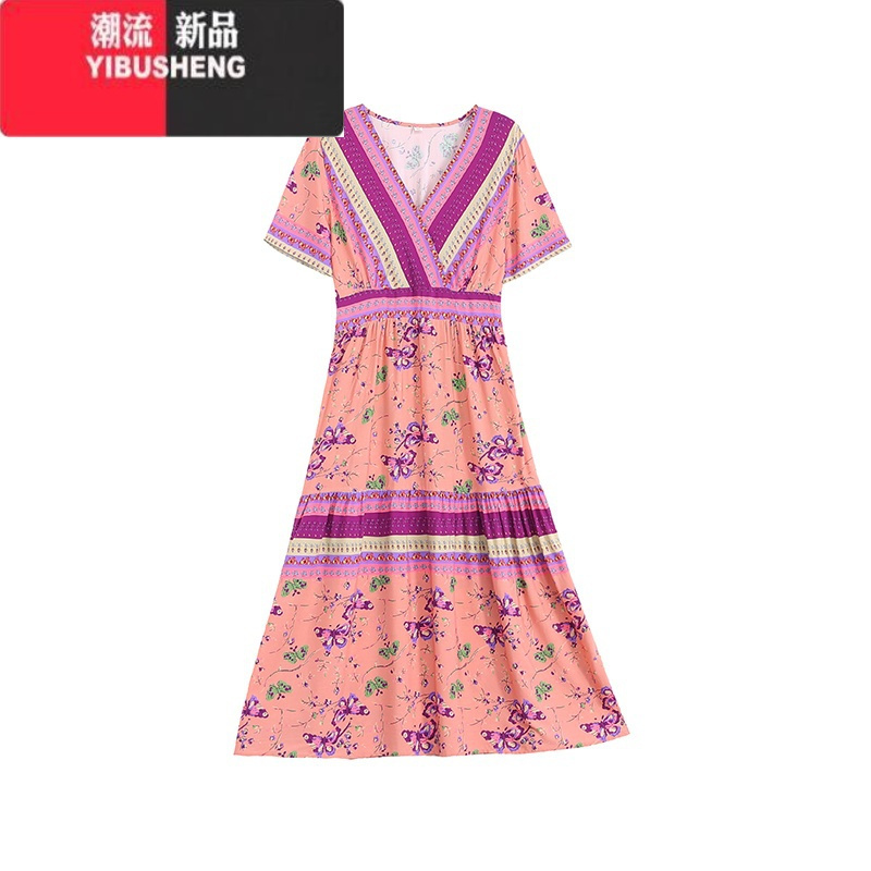 YIBUSHENG高端碎花沙滩裙女季长裙波西米亚民族风裙子海边度假棉绸连衣裙