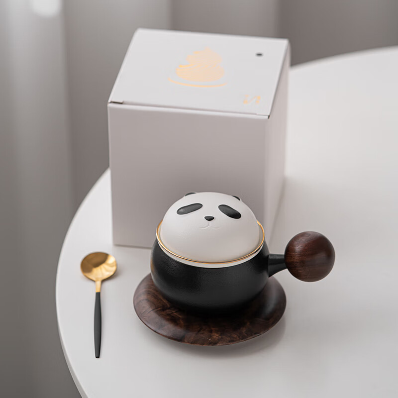 苏氏陶瓷/SUSHI CERAMICS J0886 熊猫茶水分离办公茶格杯咖啡杯(黑)