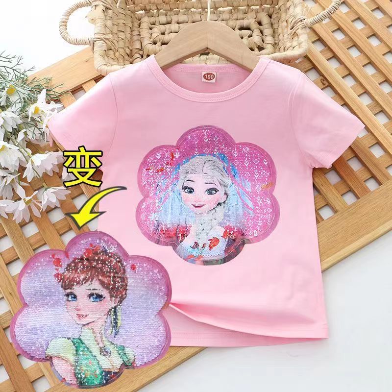 变脸T恤衣服亮片亮闪闪草莓熊变色T恤儿童夏季可爱棉清仓 粉红色爱莎【清爽夏季】 140建议身高130-140厘米