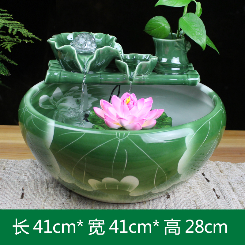 陶瓷流水器家居客厅电视柜自动循环养鱼盆增氧金鱼缸加湿摆件 三维工匠 荷韵珠光流水(中号)绿色高清大图