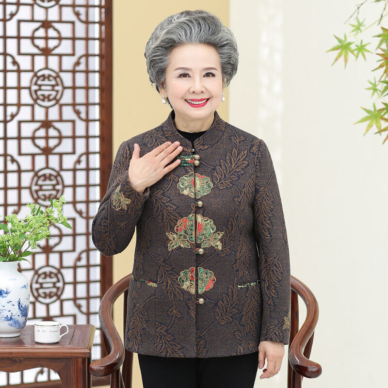 迪鲁奥（DILUAO)高端轻奢奶奶春秋外套唐装老年人秋装女60岁70洋气妈妈衣服老太太立领上衣_100 L(建议80-95斤) 棕色单件上衣