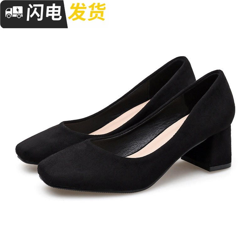 方头单鞋小清新少女高跟鞋粗跟仙女的鞋晚晚鞋中跟复古黑色工作鞋启如休闲鞋