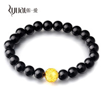 Ryual 黄金转运珠手链黄金3D硬金钱币转运珠足金999路路通手链8mm黑曜石串女士款送女友恋人计价款