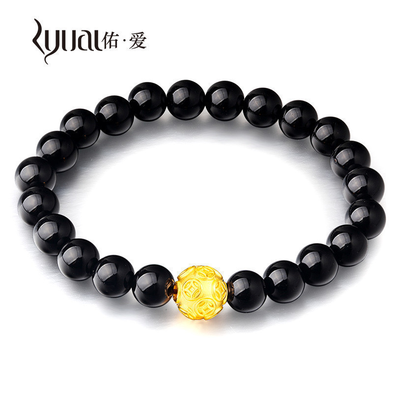 Ryual 黄金转运珠手链黄金3D硬金钱币转运珠足金999路路通手链8mm黑曜石串女士款送女友恋人计价款