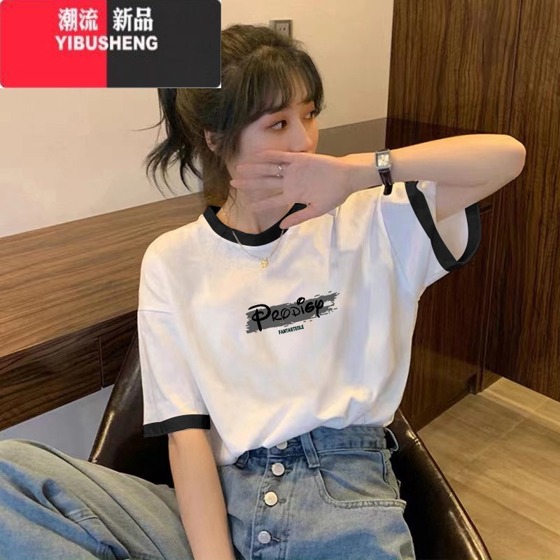 YIBUSHENG2024装新款短袖t恤女设计感小众宽松打底衫洋气拼接上衣S高清大图