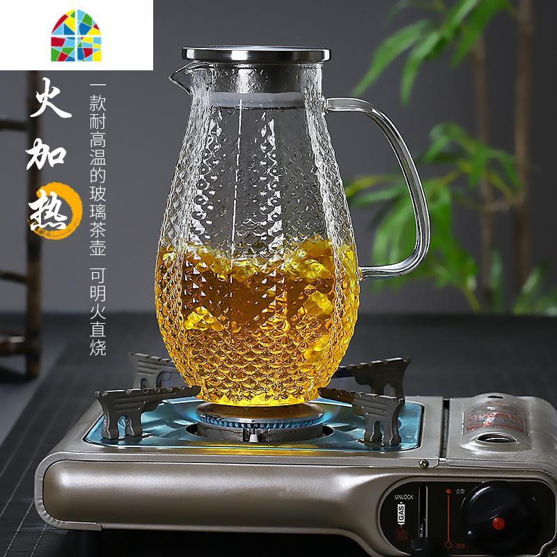 耐热锤纹凉水壶家用可高温冷水壶玻璃带杯子套装凉水壶透明 FENGHOU 锤纹壶+锤纹树桩杯2个+茶盘