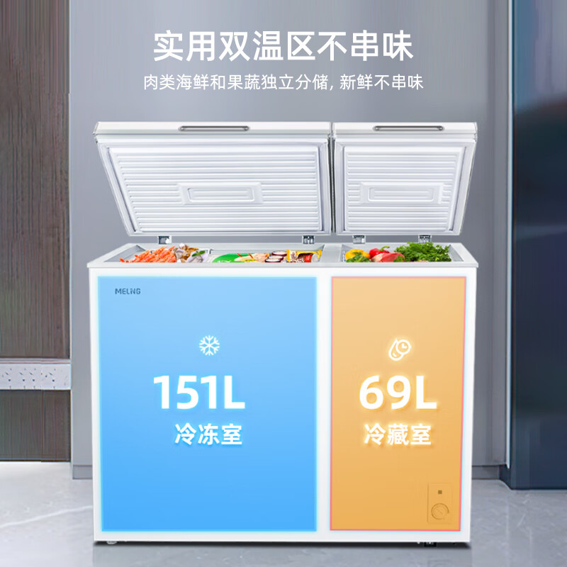 美菱(MELNG)卧式冰柜220升低霜家用商用双箱双温冷柜一级能效节能省电低噪冷藏冷冻大容量补贴电冰柜BCD-220DT高清大图