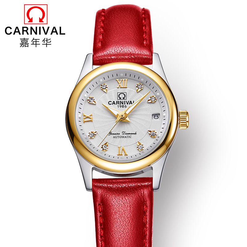 瑞士嘉年华CARNIVAL手表 新款全自动机械表 女士日历夜光防水女表休闲时尚商务手表金属精钢表带品牌女神表183-女款高清大图