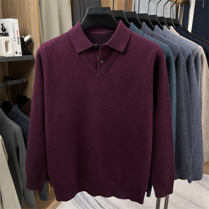 衬衫领男士毛衣假两件2025秋冬新款翻领提花加厚保暖打底针织衫男 紫红 4XL