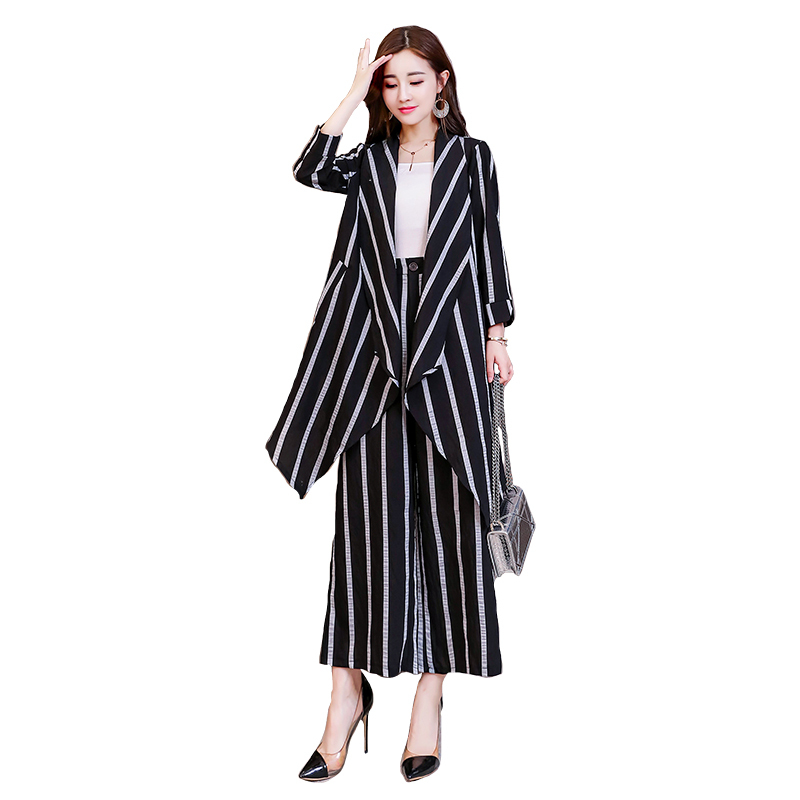 薄外套阔腿裤两件套女女士初秋新品时尚韩版时髦套装条纹长裤子潮