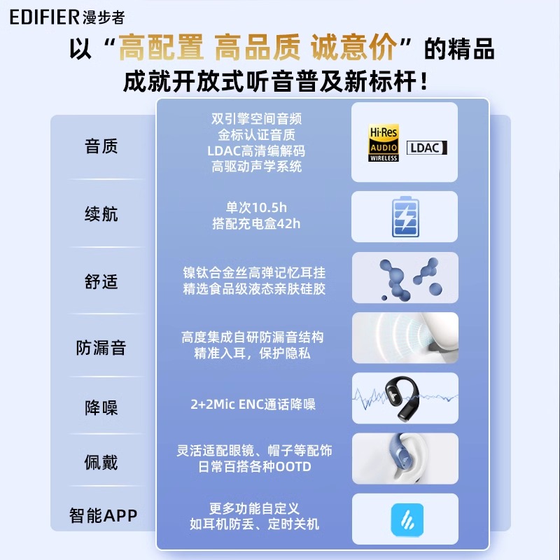 EDIFIER/漫步者Comfo Solo蓝牙耳机挂耳式气传导不入耳开放式运动跑步专用2024新款 碧落蓝高清大图