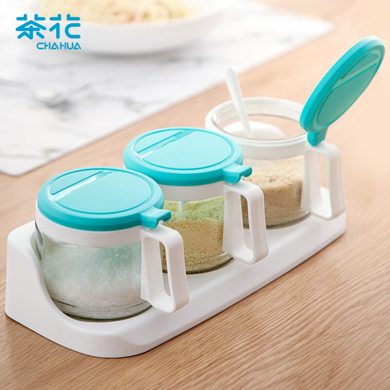 茶花(CHAHUA)三组圆形玻璃调味瓶调料盒架 盐罐大号 盐盒300ML*3颜色随机