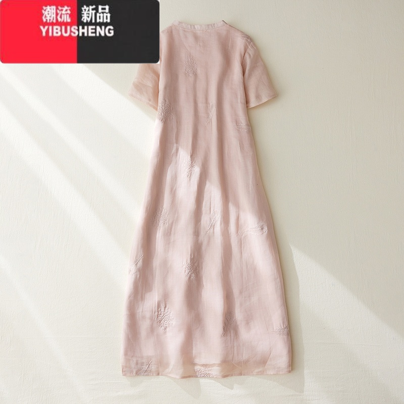 YIBUSHENG气质国风粉色刺绣棉麻短袖连衣裙女季中式斜襟包扣立领旗袍裙薄