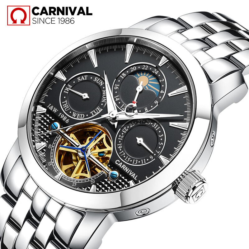 嘉年华CARNIVAL瑞士品牌 手表新款全自动机械表 男士手表镂空钢带防水夜光腕表时尚休闲精钢金属飞轮日月星辰8752高清大图