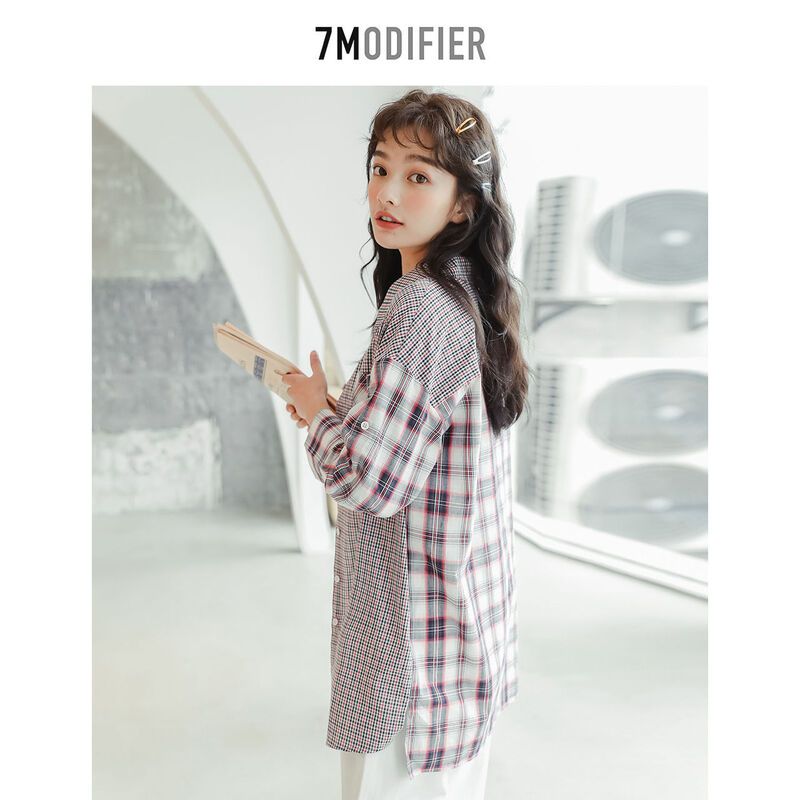 拉夏贝尔拉夏贝尔7M格子衬衫女夏季设计感休闲百搭上衣中长款气
