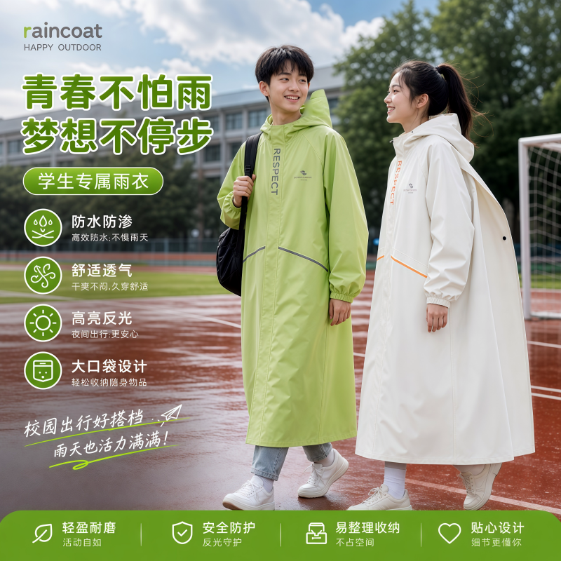 正雨儿童雨衣长款全身防暴雨初高中生上学带书包位电动车透气雨披9063高清大图