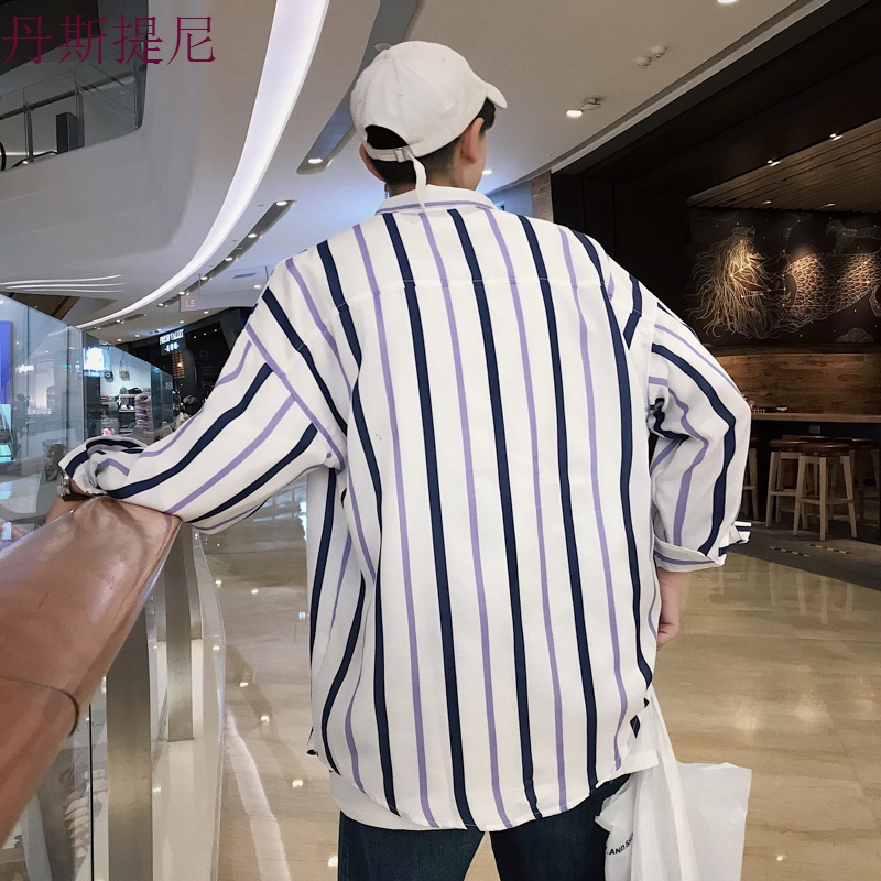 衬衫男2018新款原宿长袖男装港风修身型潮流男士条纹休闲宽松上衣